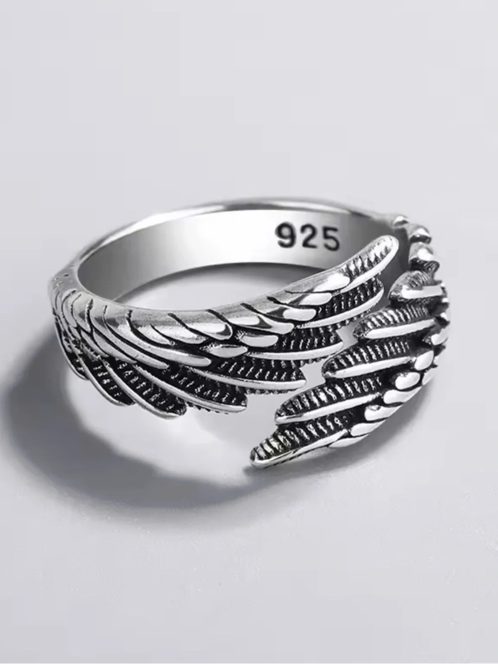 925 Sterling Silver Angel Wing Feather Adjustable Ring Oxidized Boho Statement